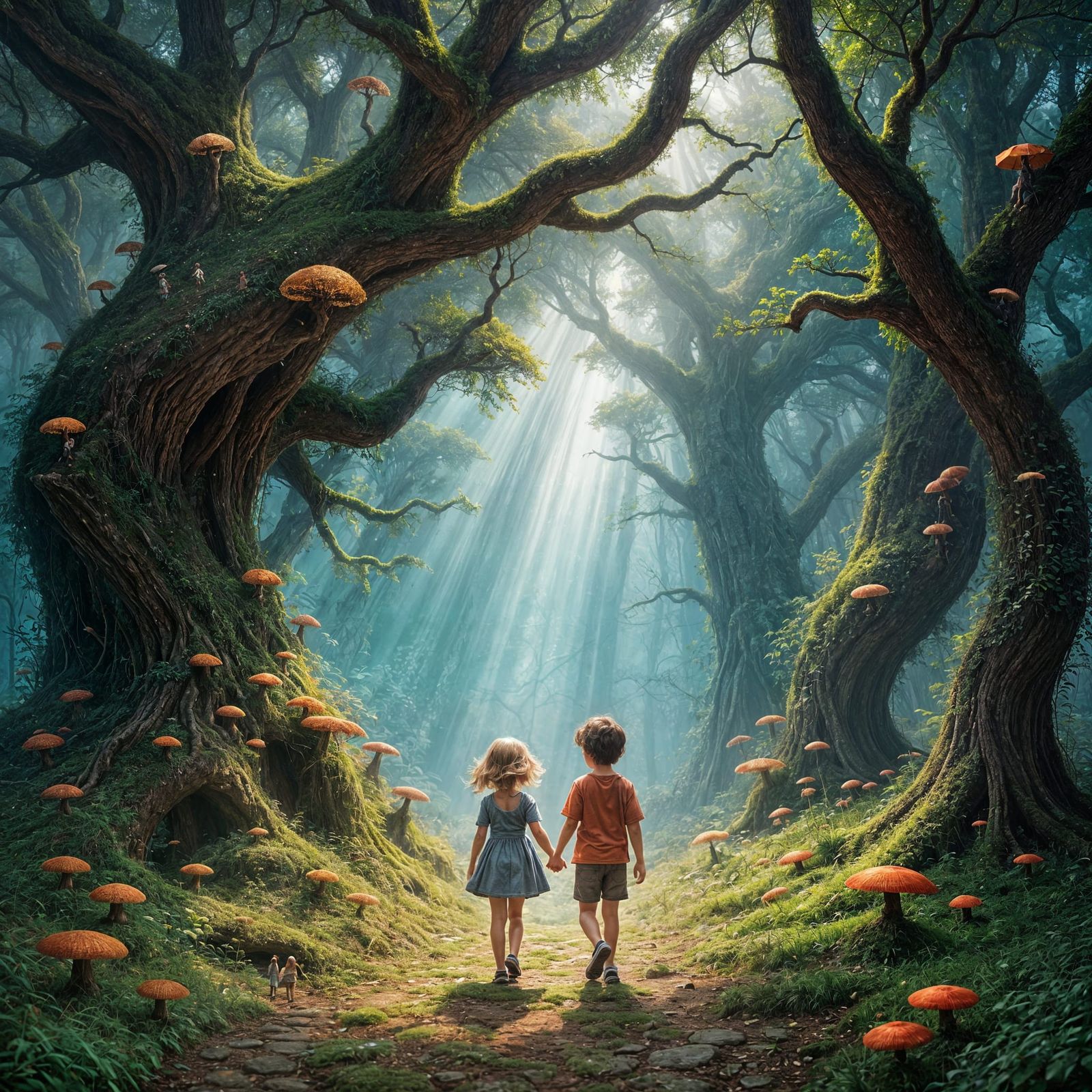 Children in Ancient Forest Pathway