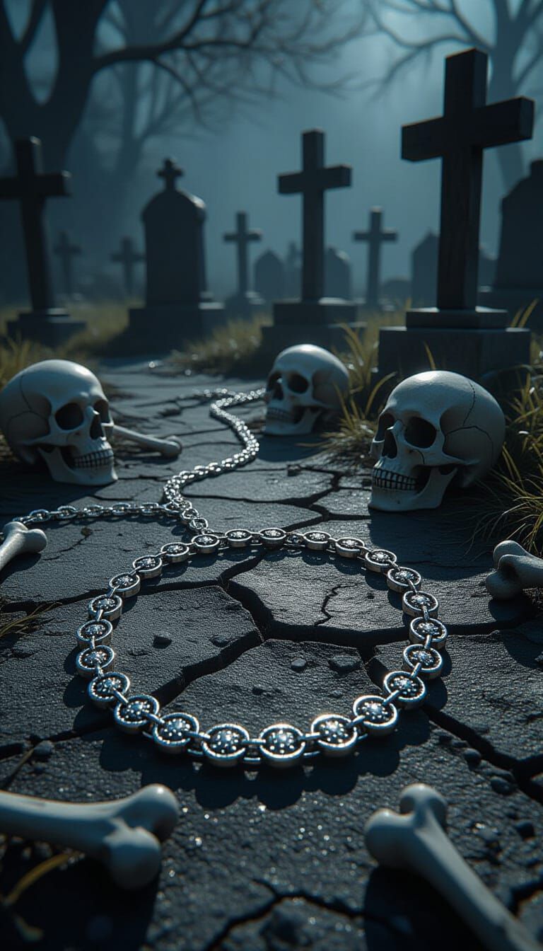 Broken Silver Necklace in Gothic Cemetery Scene