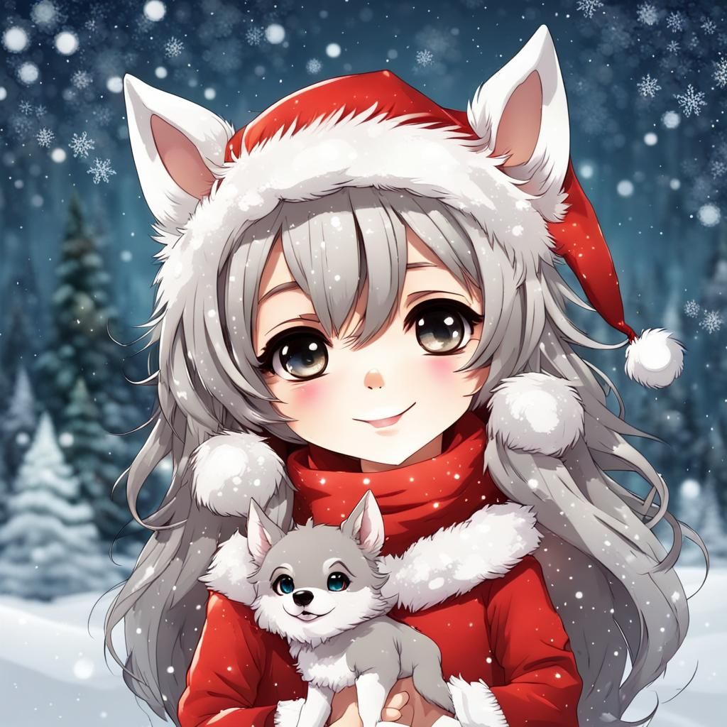 Chibi Girl with Wolf Ears in Christmas Outfit