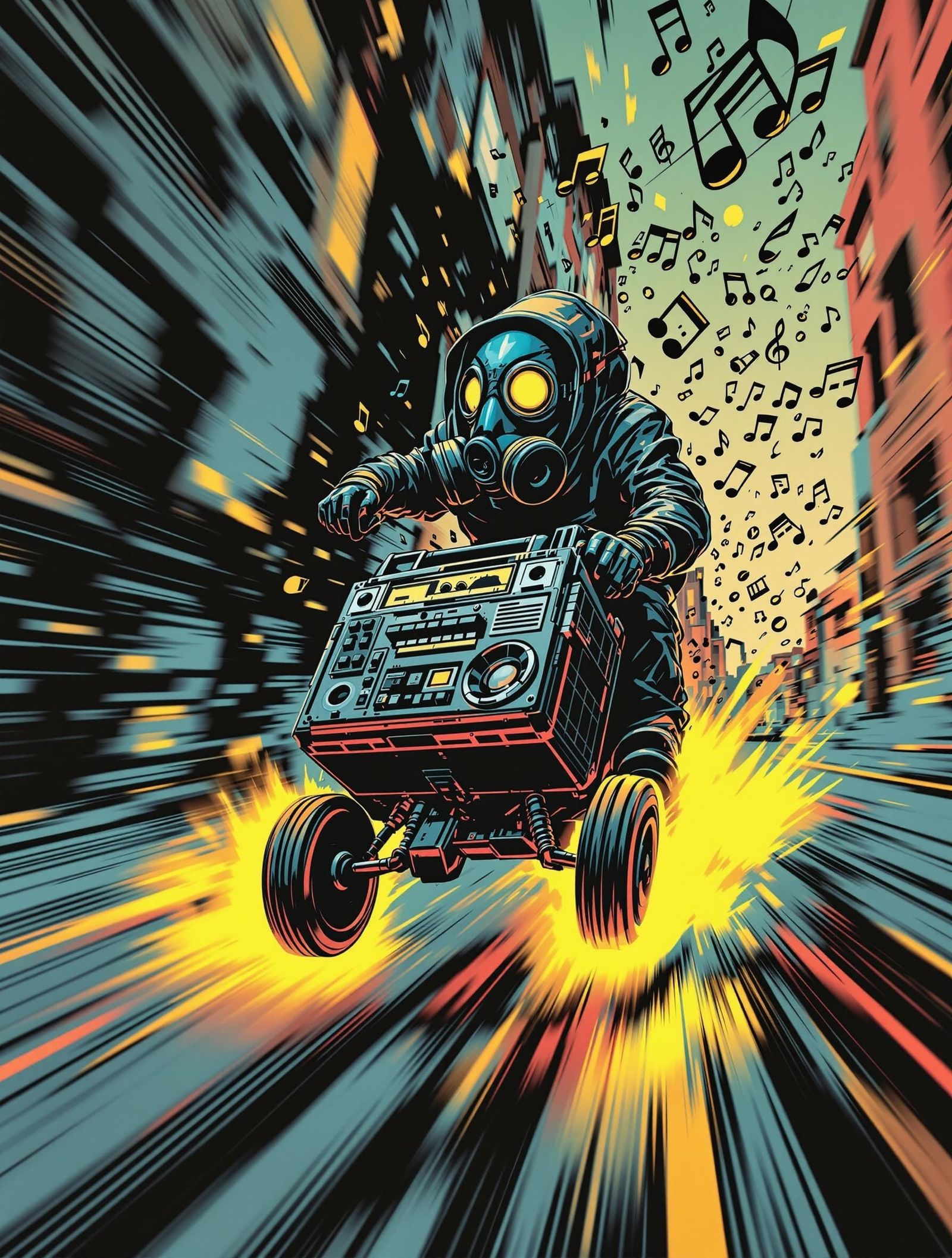 Surreal Comic Book Hero Rides Ghetto Blaster Down City Stree...