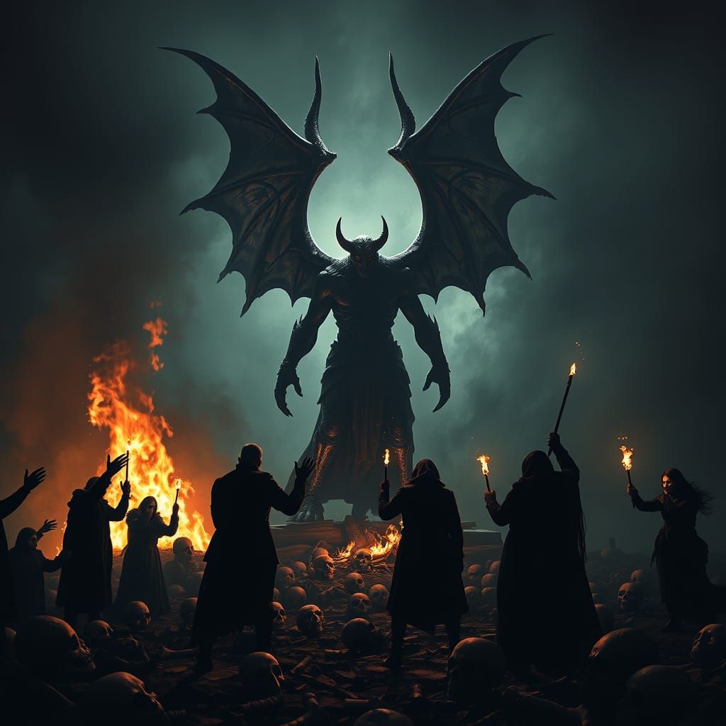 Surreal Demon Figure Reigns Beside Blazing Inferno in Dark F...