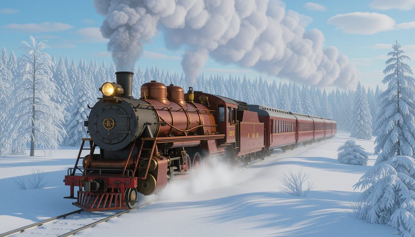 Steampunk Train in Snowy Icy Landscape