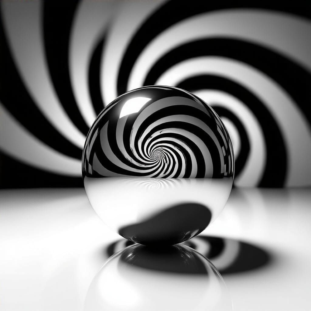 Chrome Sphere Optical Illusion on Mirrored Surface