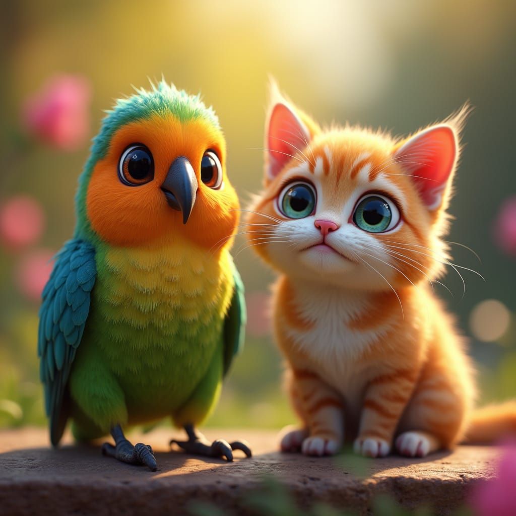 Vibrant Bird and Cheeky Cat Share a Moment Outside