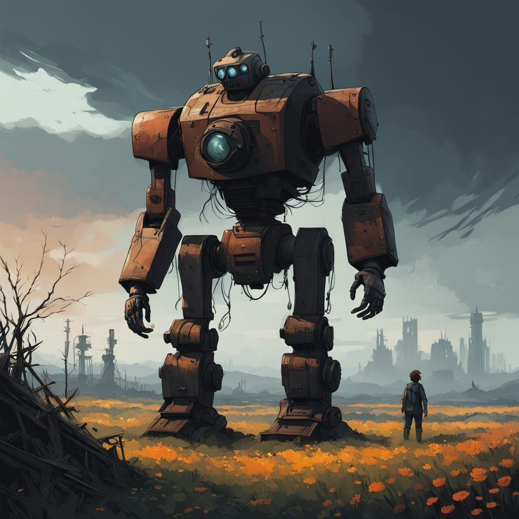 Robot Sentinel Overgrown with Wildflowers in Gritty Realism