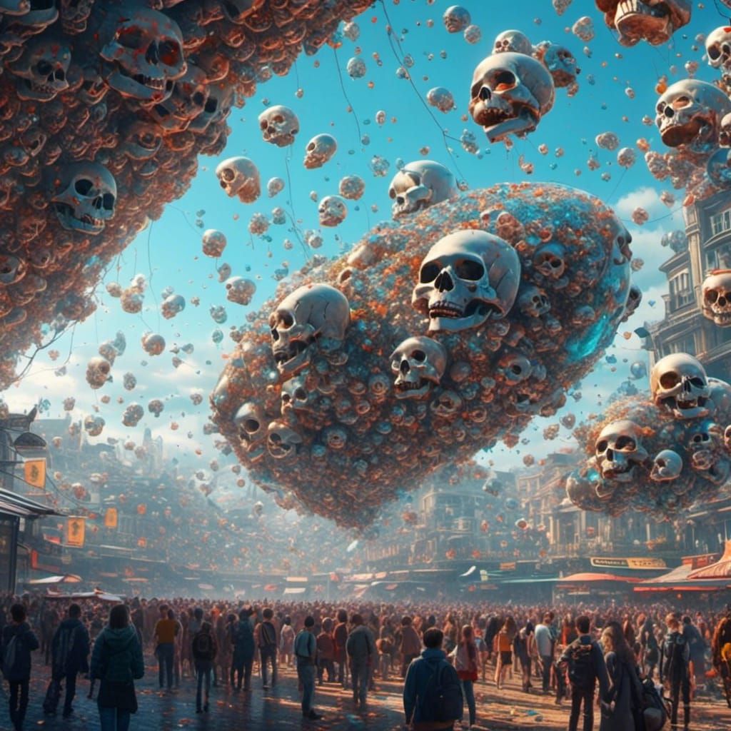 Glass Cybernetic Skulls Float Above Astonished Crowd