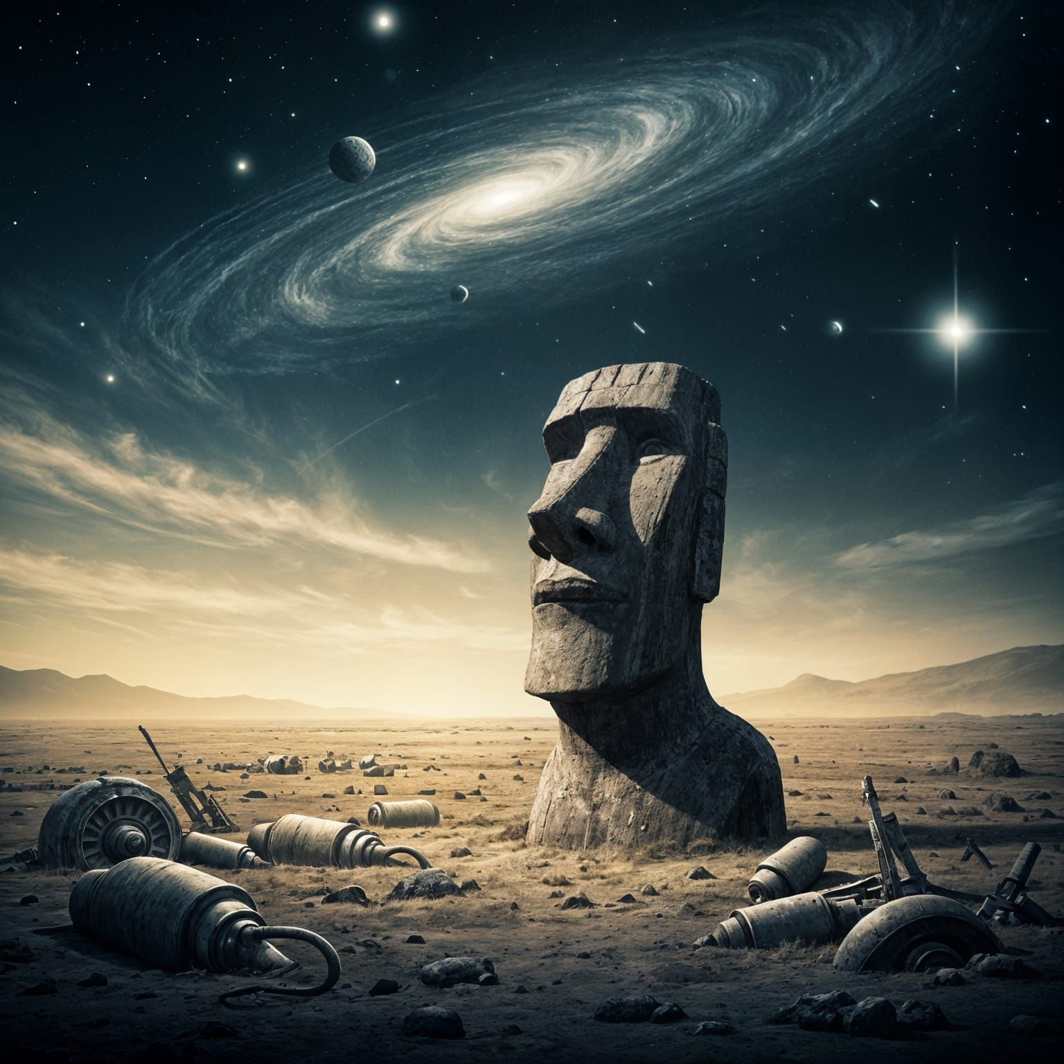 Eerie Easter Island Statue in Post-Apocalyptic Landscape