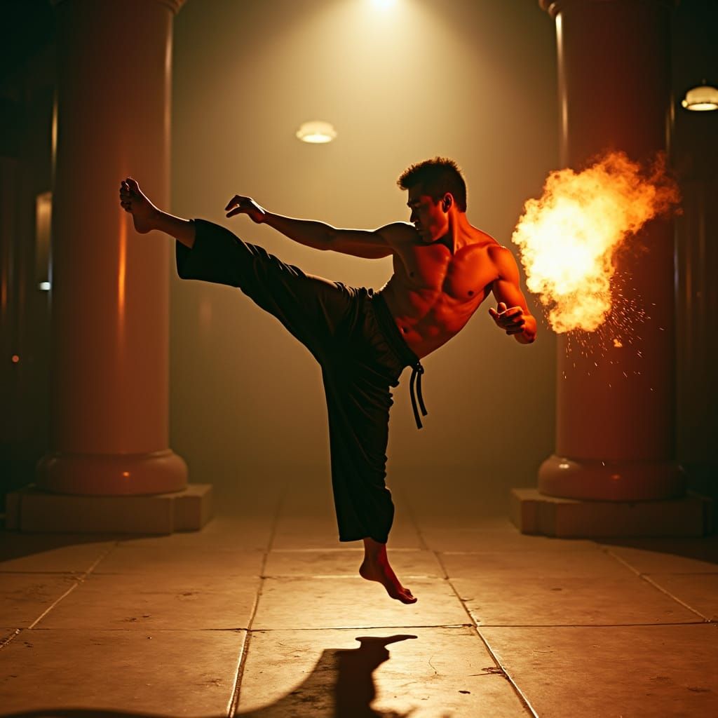 Martial Artist's Roundhouse Kick: A Cinematic Film Still