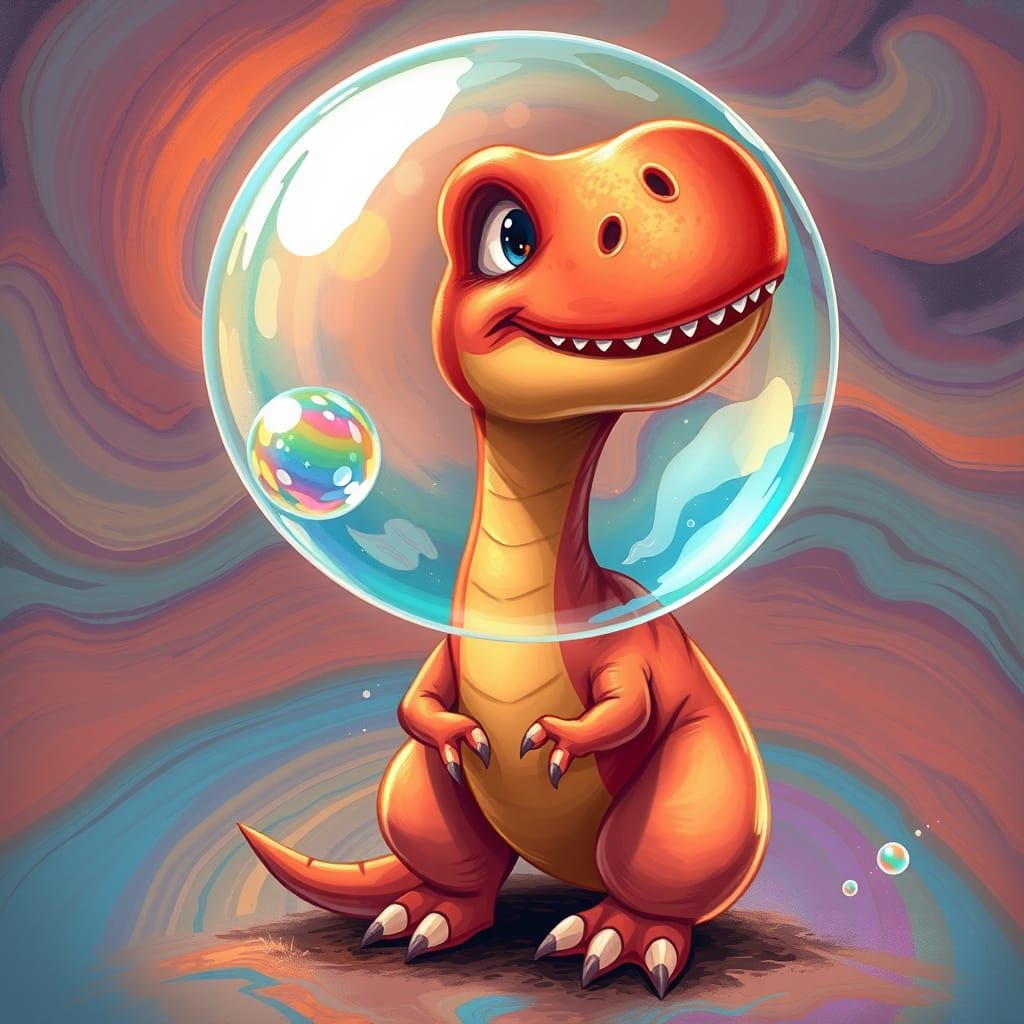 Friendly Dinosaur Blowing Bubbles: Digital Art Illustration