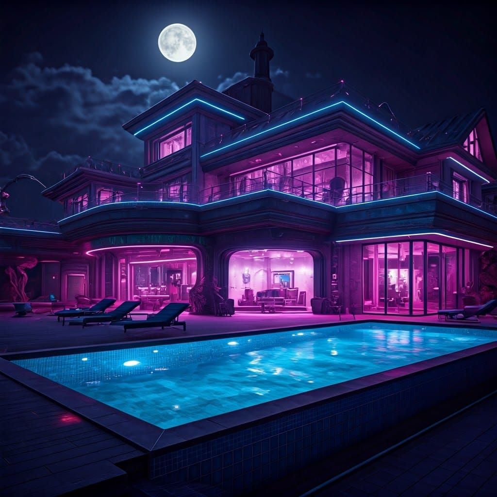 Ethereal Opulent Futuristic Mansion at Night