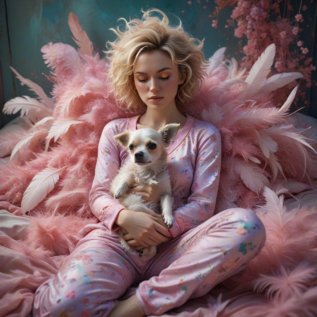 Whimsical Curly Blonde in Pajamas amidst a Whirlwind of Feat...
