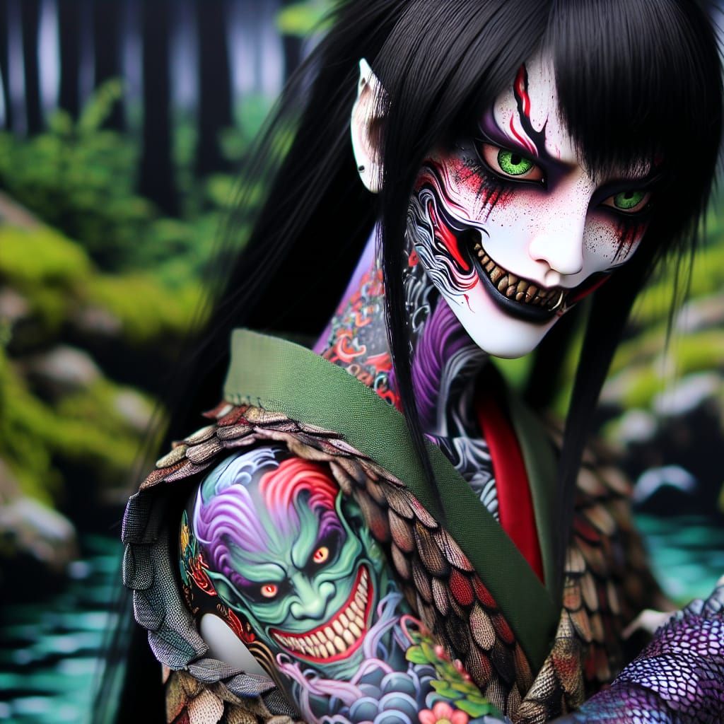 Ominous Japanese Demon with Fantasy Tattoo