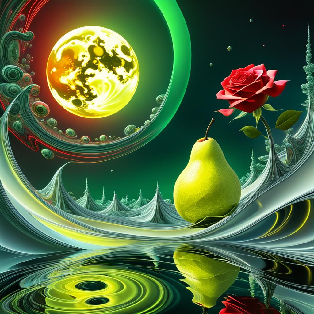 Neon Fractals of Moon, Pear, and Rose: Abstract Composition