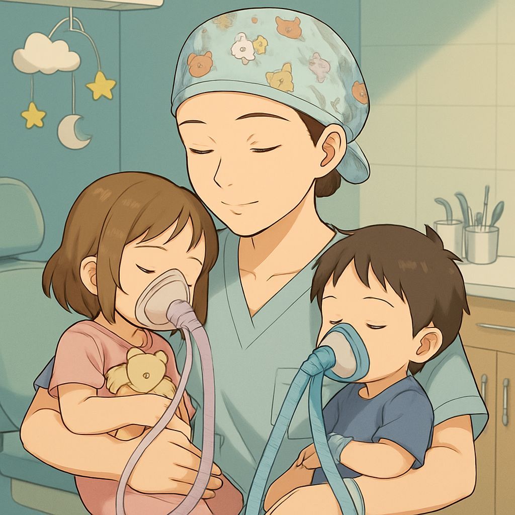 Anime Pediatric Dental Scene with Nurse and Toddlers