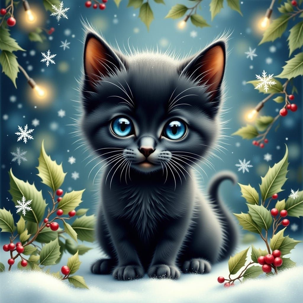 Festive Black Kitten in Winter Wonderland: Whimsical Illustr...