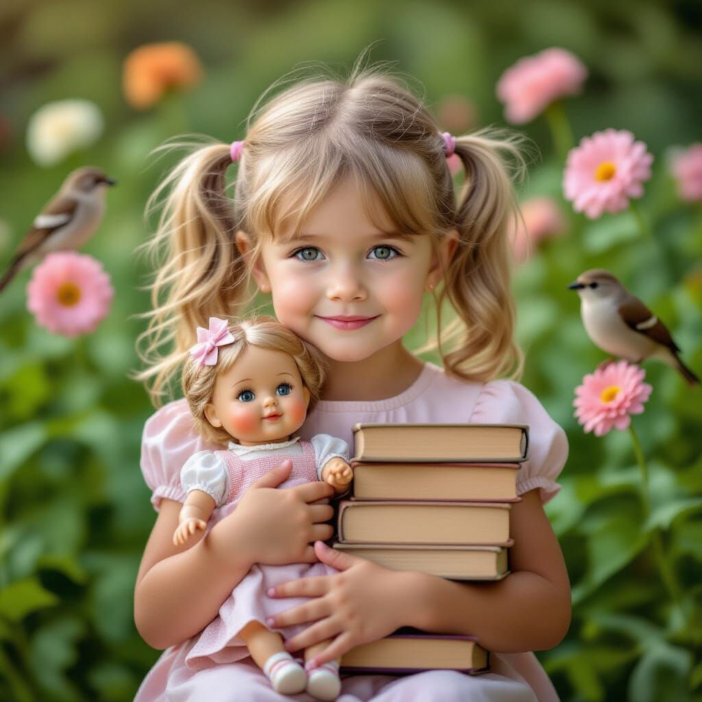 Sweet Girl With Doll and Books in Soft Morning Light