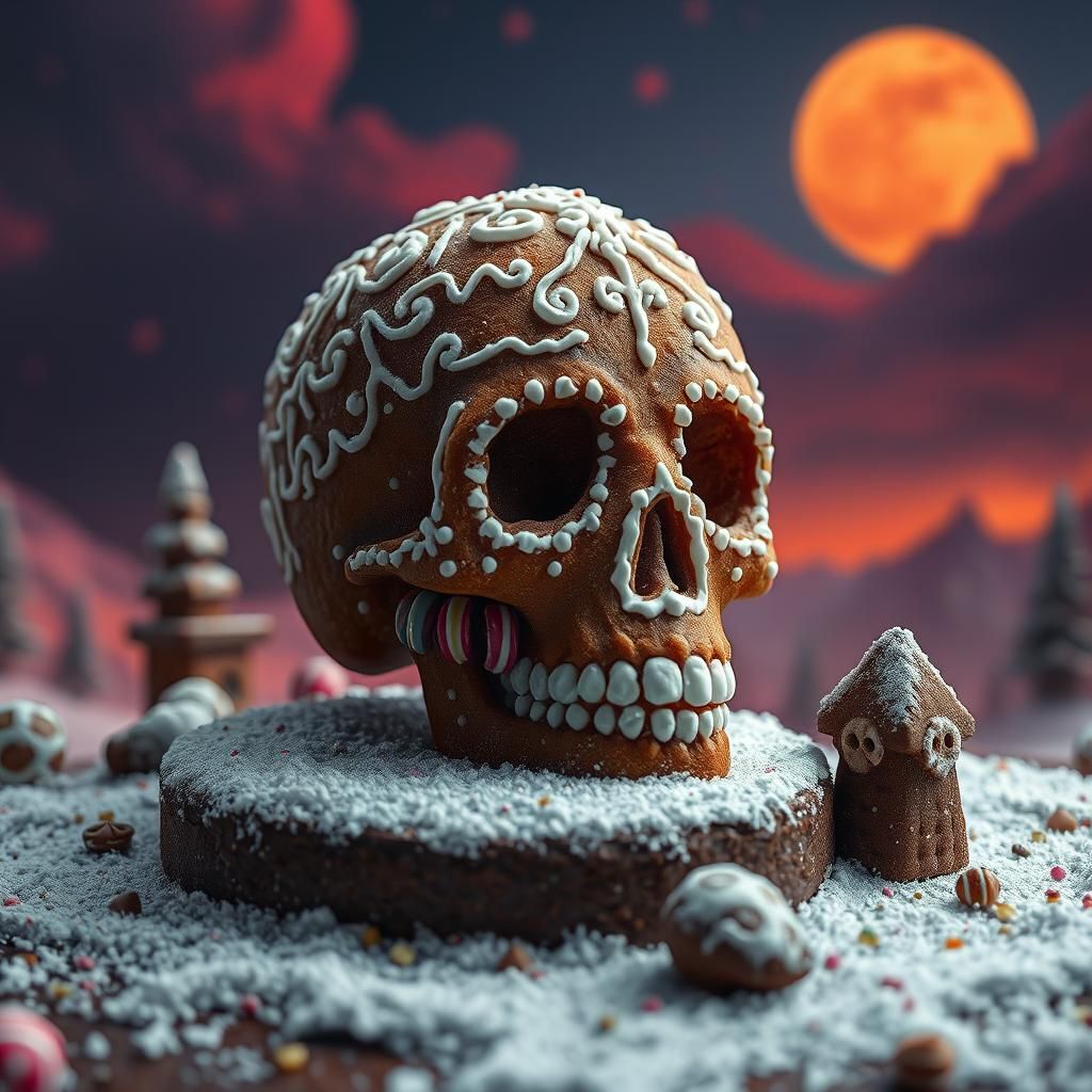 Gingerbread Skull in a Fantastical Landscape