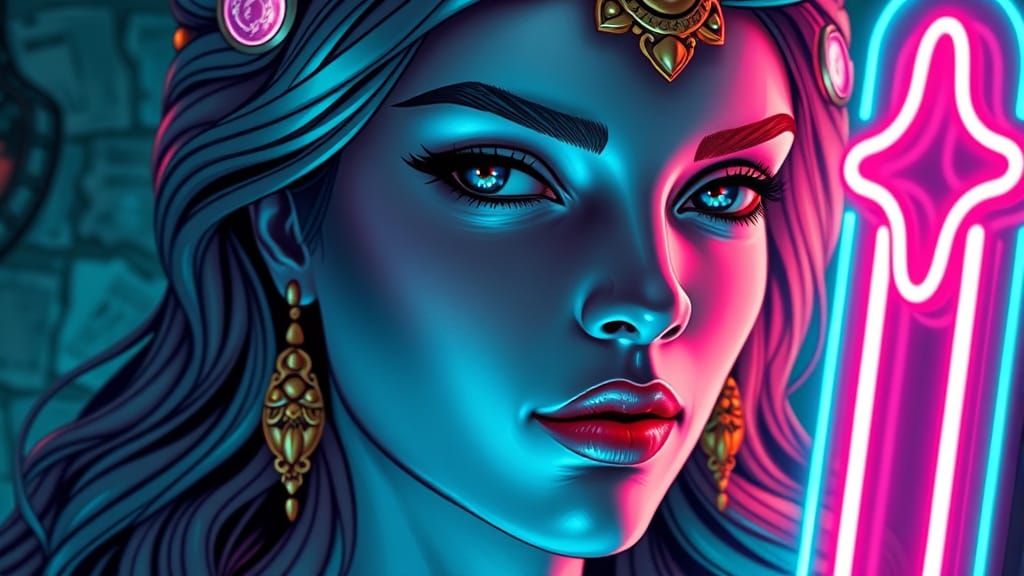 Goddess Face in Neon Lights: A Digital Painting
