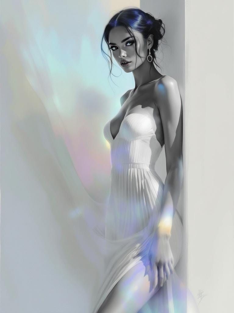 Hyperrealistic Woman in White Dress, Ethereal Airbrush Style