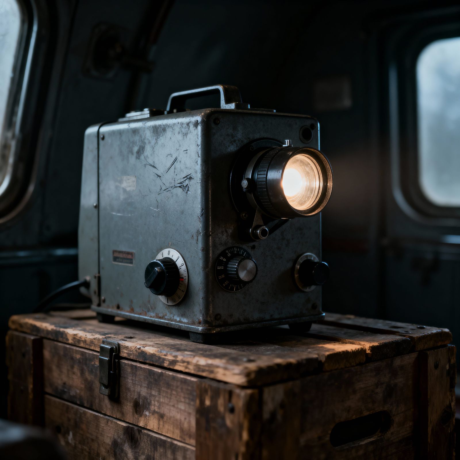 Old Projector in Dimly Lit Cabin