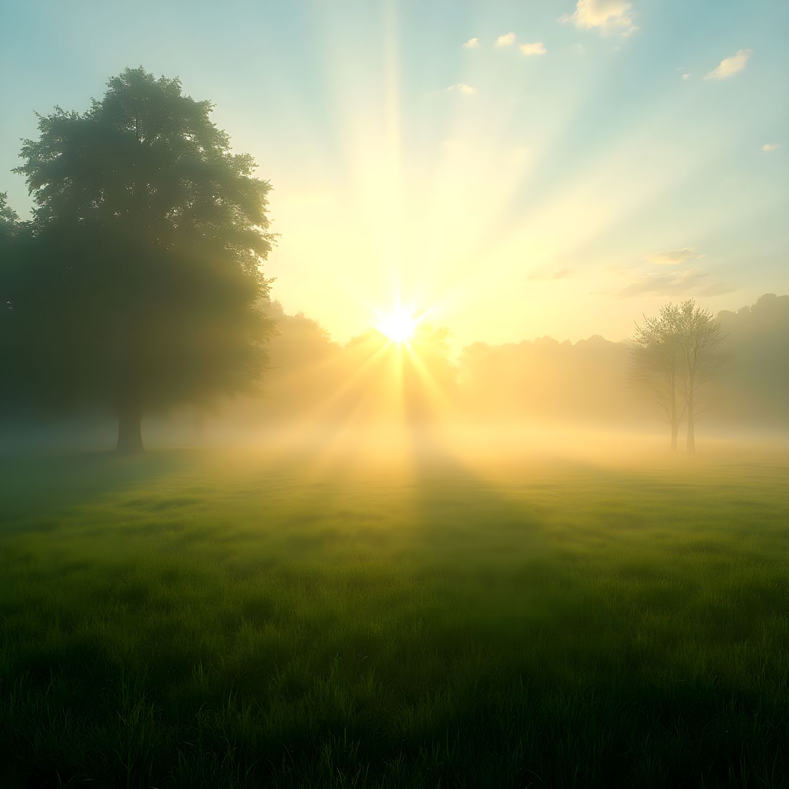 Foggy Sunrise Over Grassy Parkland with Sun Rays