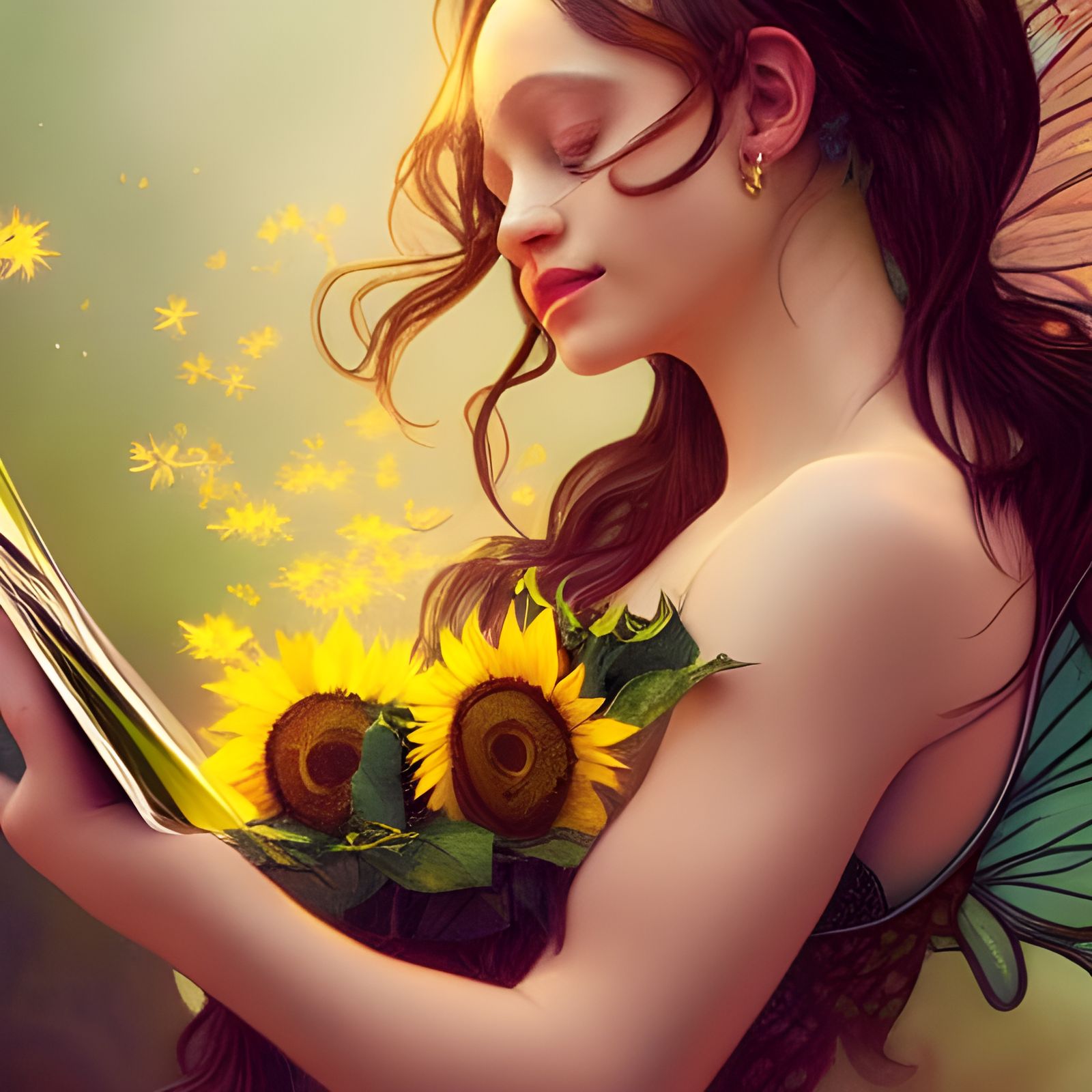 Sunflower Fairy Reads Book in Hyperdetailed Portrait