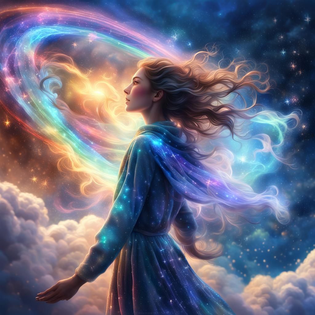 Cyberpunk Girl Flying Through Cosmic Stardust