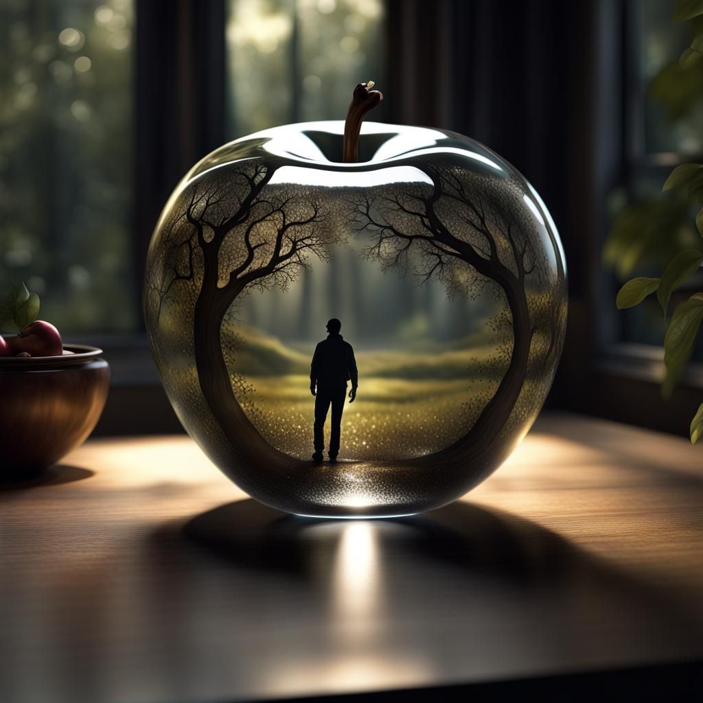 Trail Inside Glass Apple in Photorealistic CGI Diorama