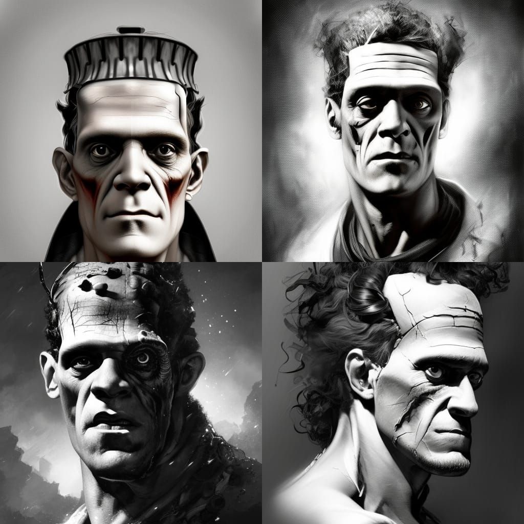 Frankenstein Portrait in Black and White, Detailed Art