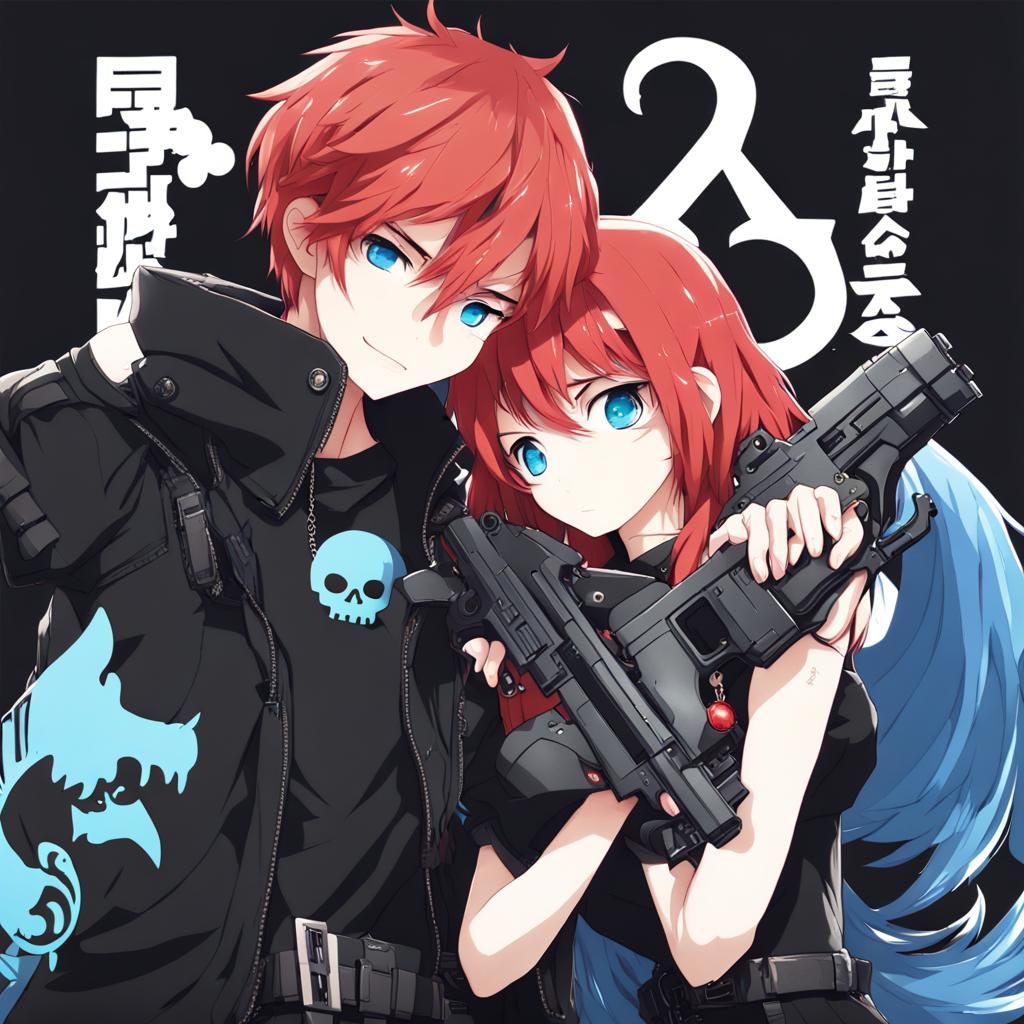 Anime Style: Red-Haired Boy Kissing Blue-Haired Girl