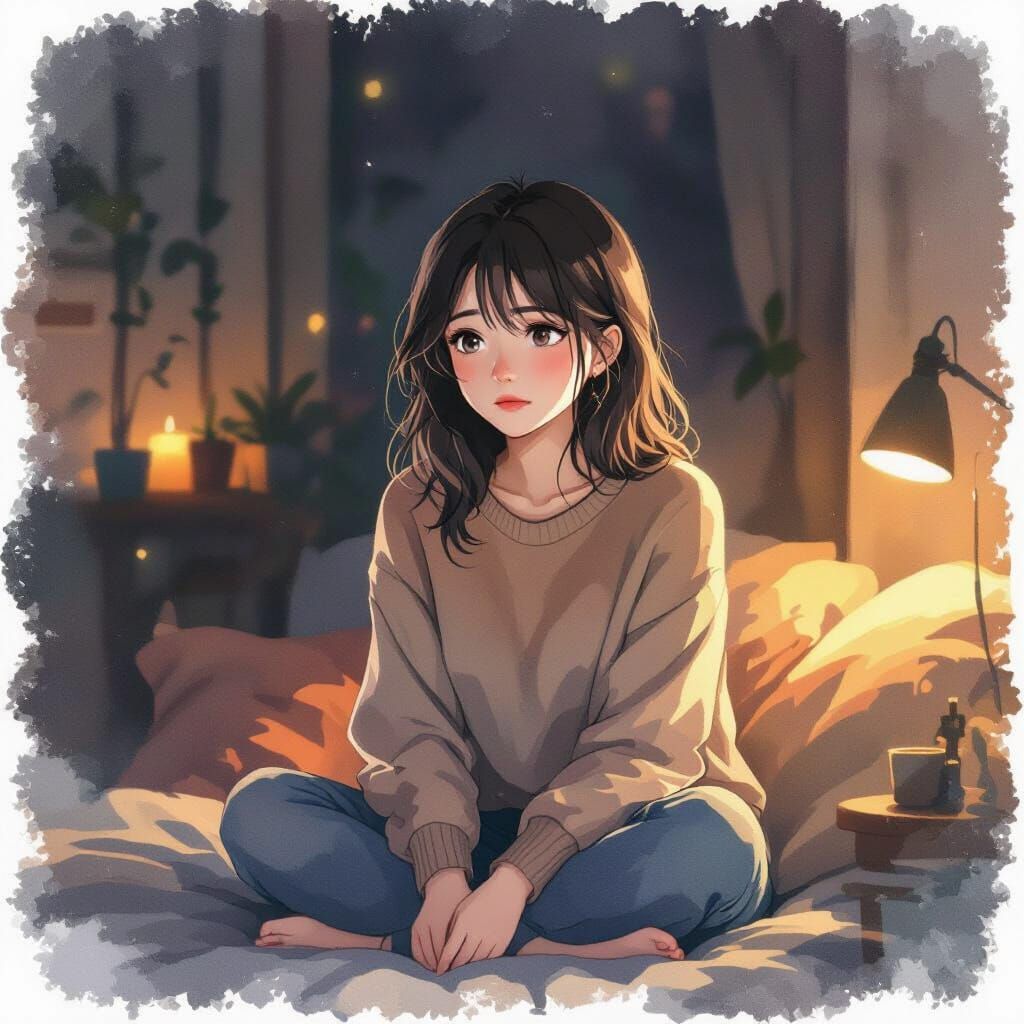 Melancholic Woman Waiting at Home in Anime Style