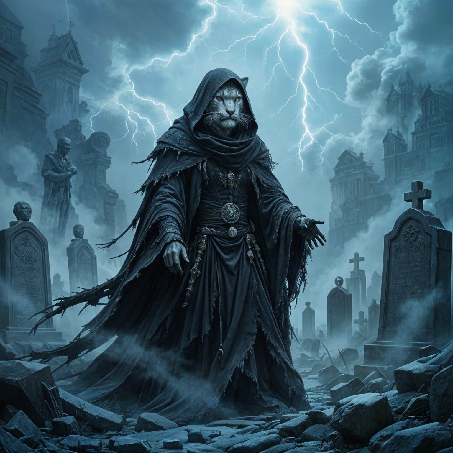 Snow Leopard Necromancer in Haunting, Surreal Scene