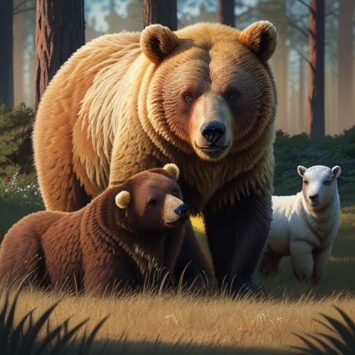 Hyper-Realistic Bear and Lamb Grazing Together in a Majestic...