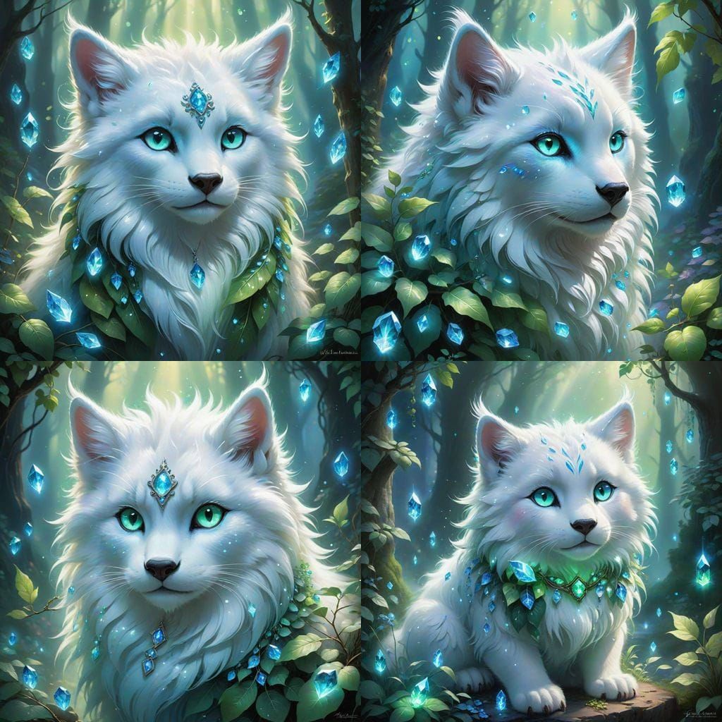 Whimsical White Creature with Glowing Gemstone and Vibrant L...