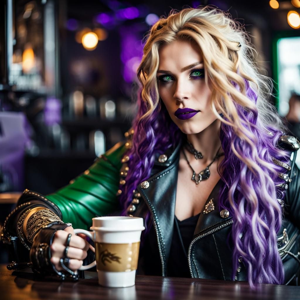 Valkyrie in Cafe with Viking Hairstyle