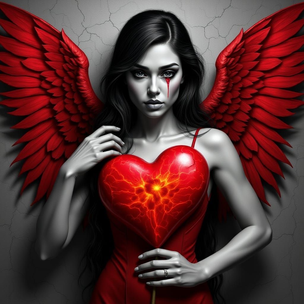 Futuristic Queen of Hearts With Iridescent Red Wings