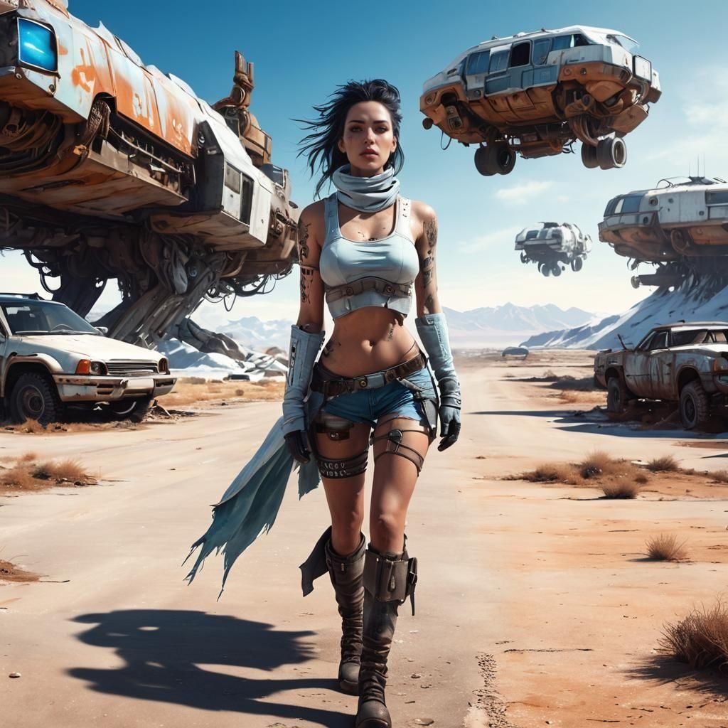 Surreal Cyberpunk Woman Strolls Through a Post-Apocalyptic I...