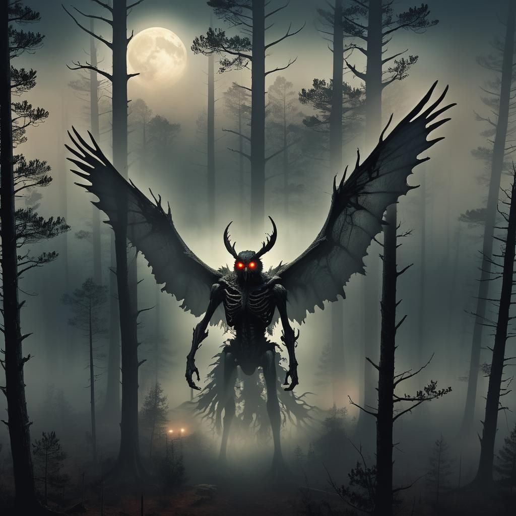 Mothman in Pine Barrens Dark Fantasy Illustration