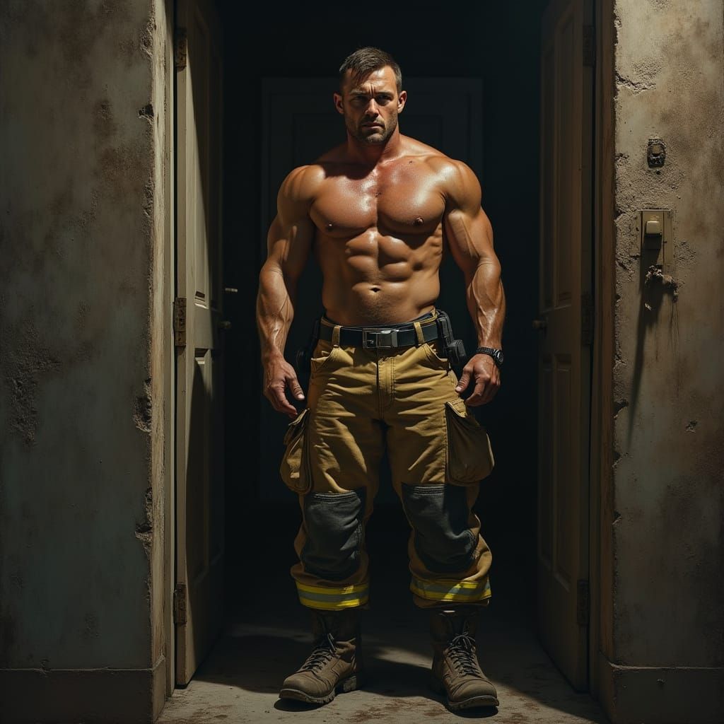 Sweat-Drenched Firefighter at Apartment Door