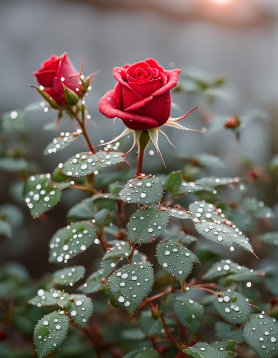 Red Rose Bush with Sparkling Dew