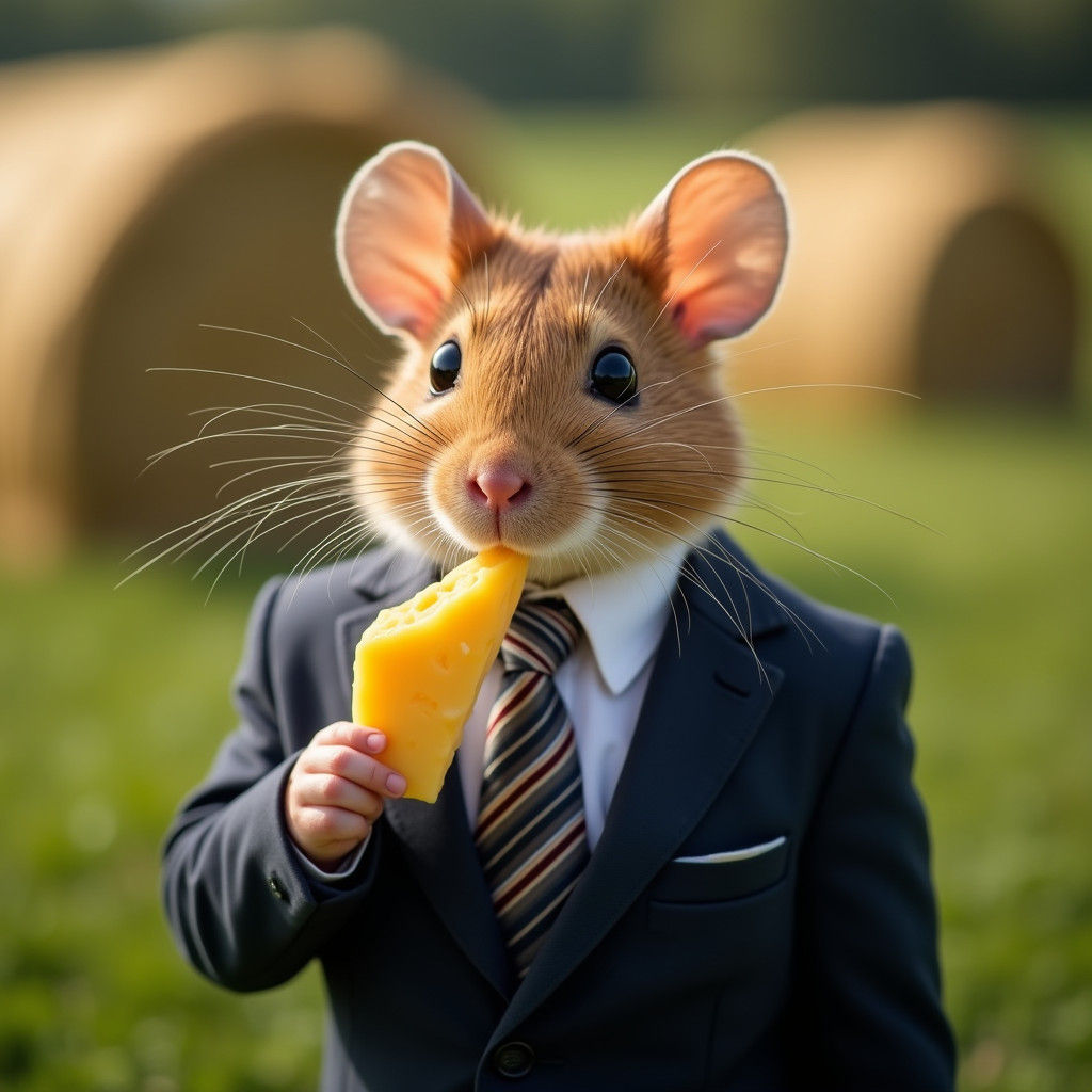 Debonair Mouse in Navy Suit Contemplates Cheese