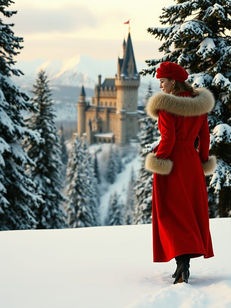 A Lady in Red Walks Through Snowy Winter Wonderland