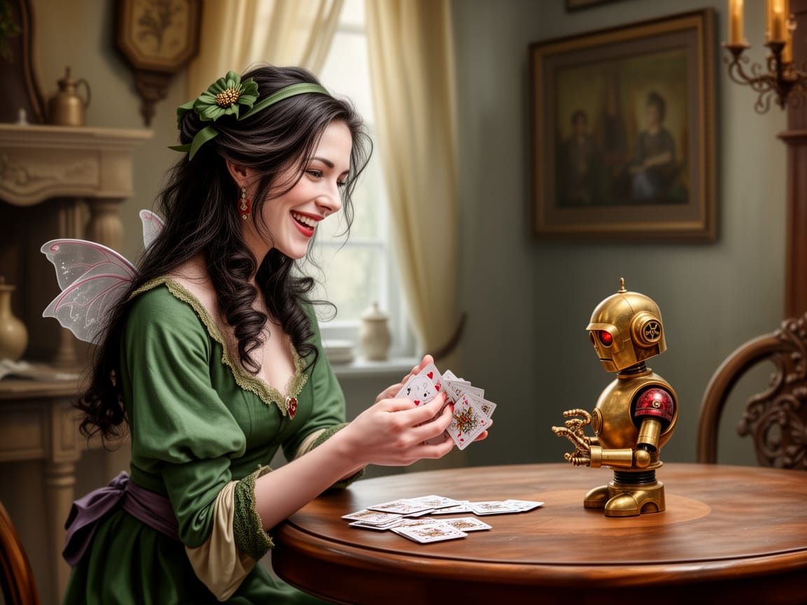 Victorian Fairy Plays Cards With Brass Robot