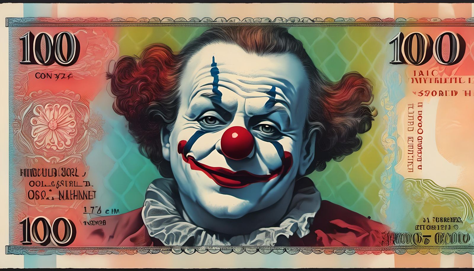 Clown Portrait on Colorful Banknote: Hyperrealistic Art