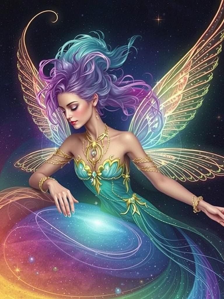 Cosmic Fairy Catching Stars in Dreamlike Style
