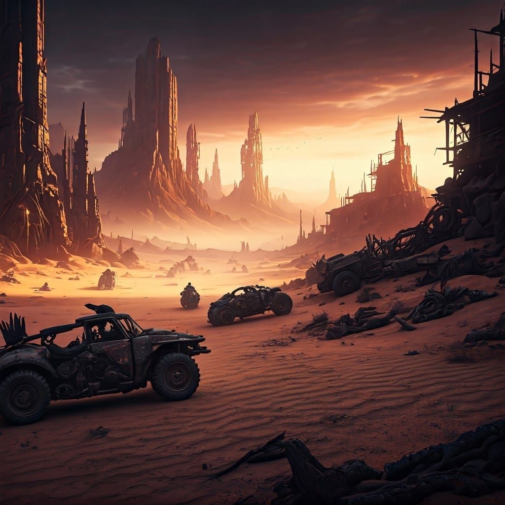 Cyberpunk Wasteland Bikers in Dystopian Landscape