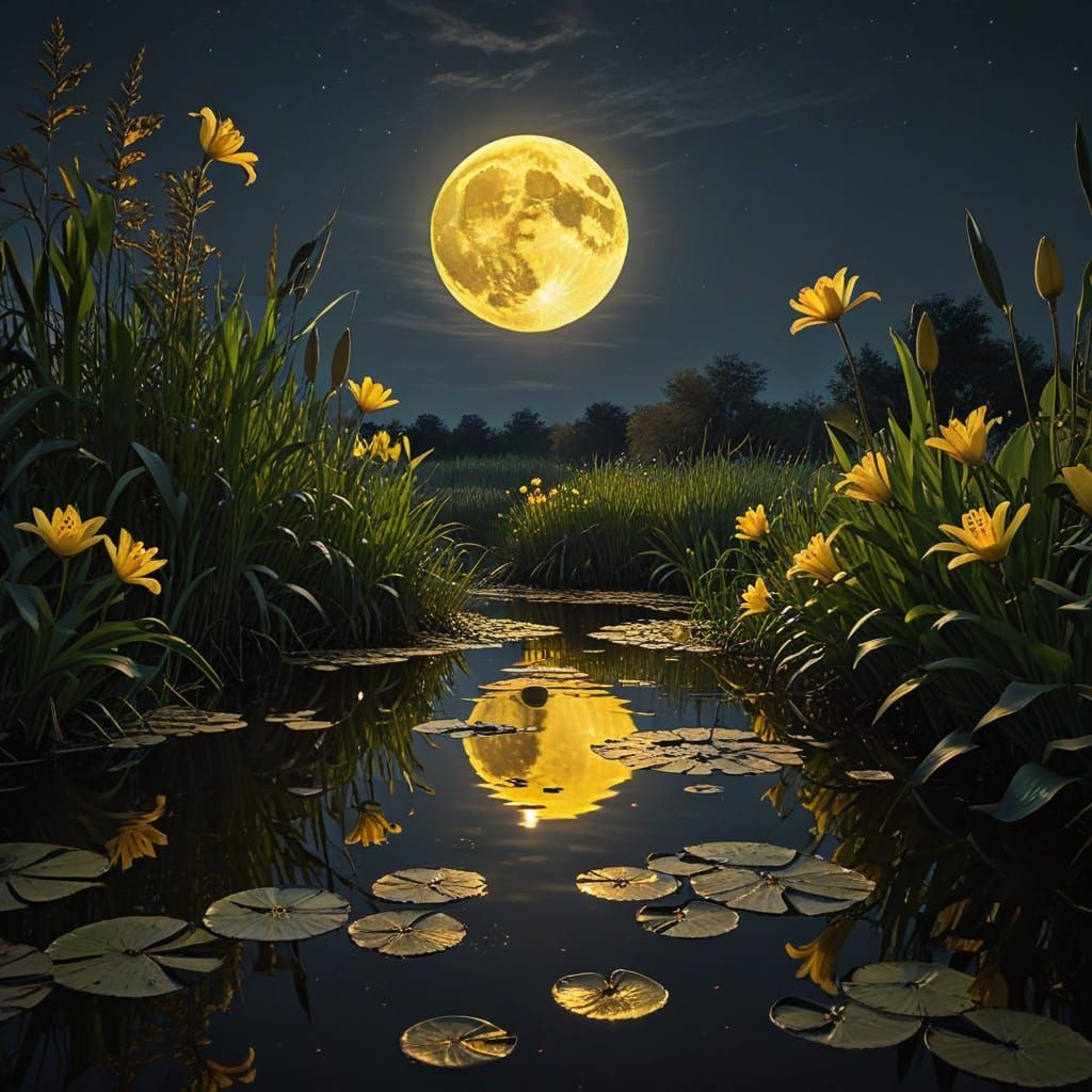 Yellow Moon Melts Over Lily Pond