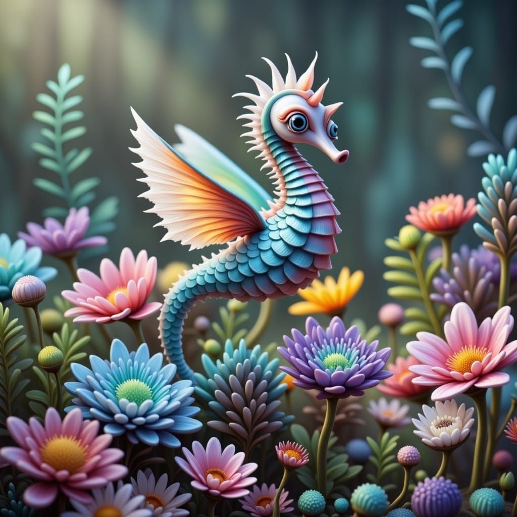 Vibrant Whimsical Seahorse Flies Amidst Lush Floral Paradise