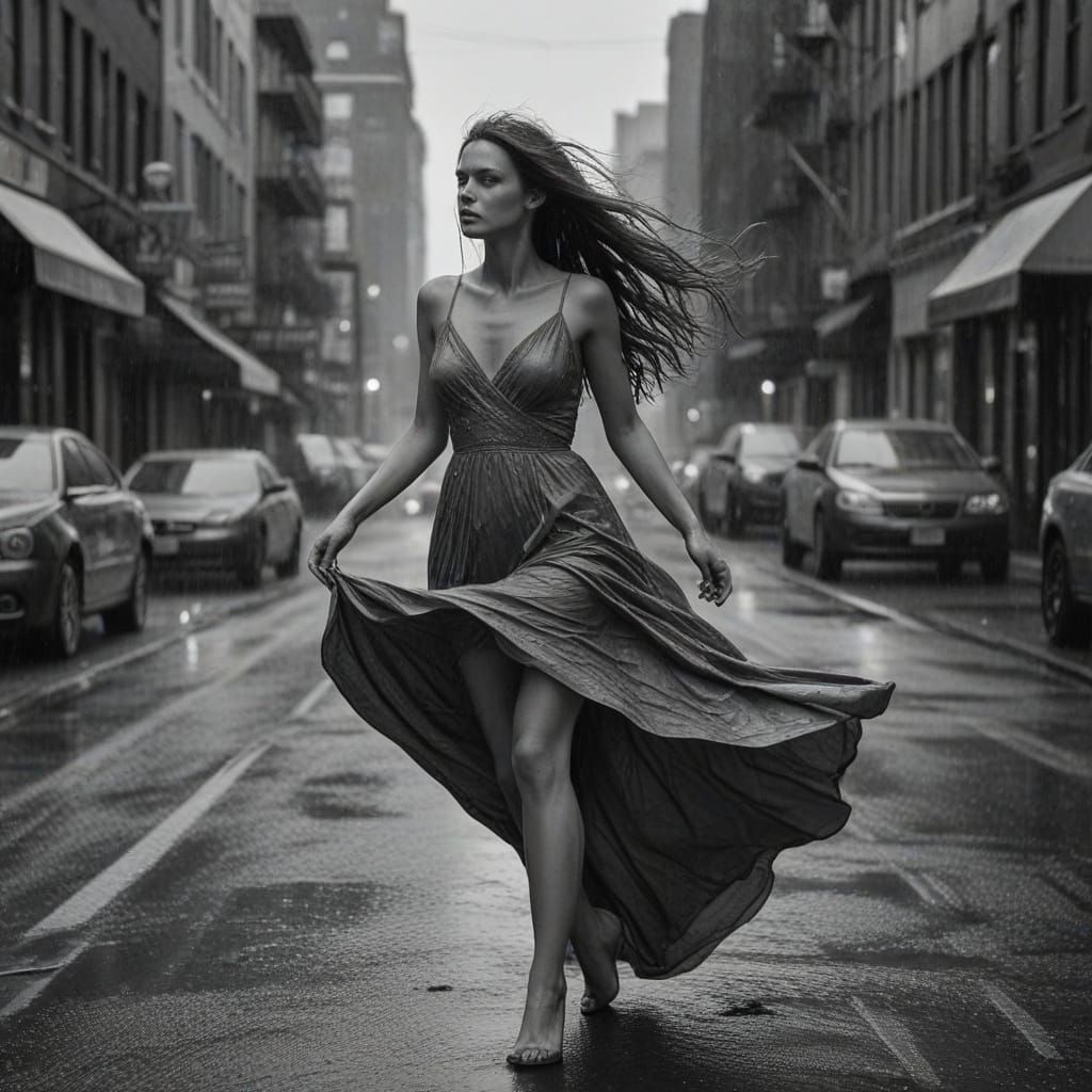 Dancing Woman in Rainy Street Scene in Black and White