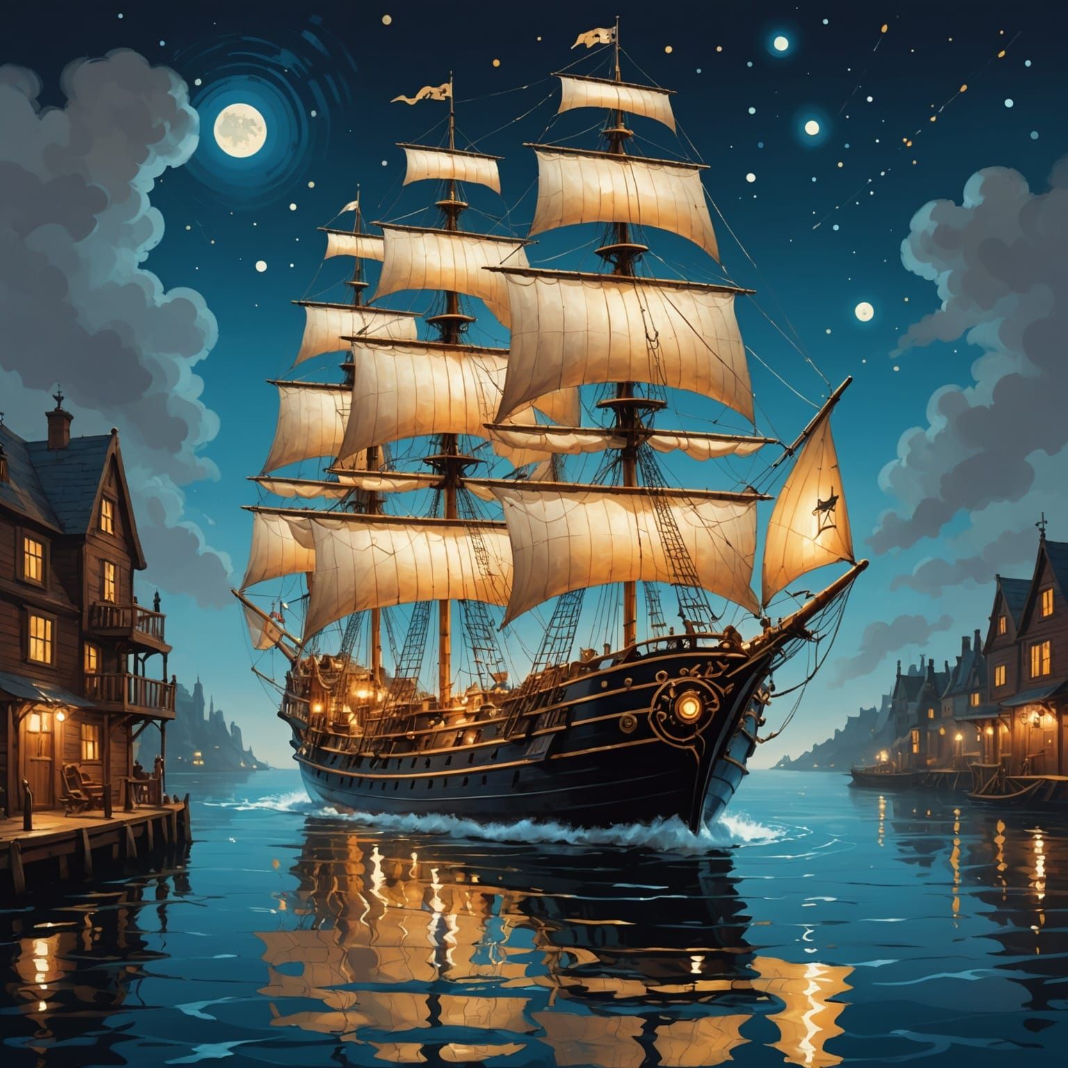 Steampunk Tall Ship Aglow with Fairy Lights